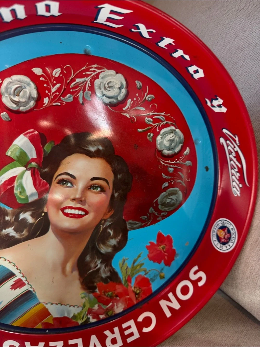 Vintage Red and Blue Mexican Lady Wall Tray by Vintage